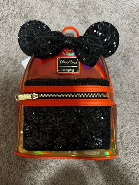 Disney Loungefly Halloween Orange Holographic Backpack with Black Sequin Ears